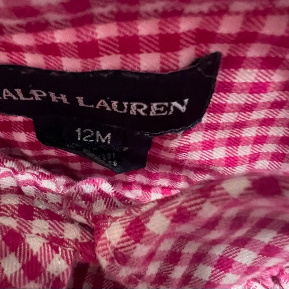Ralph Lauren 12 Months Pink White Gingham Plaid Dress Long‎ Sleeves Roll Tab